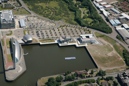 Aerial view of the DMQ featuring Glasgow Science Centre