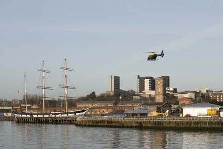 Helicopter lands at the City Heliport on the Clyde
